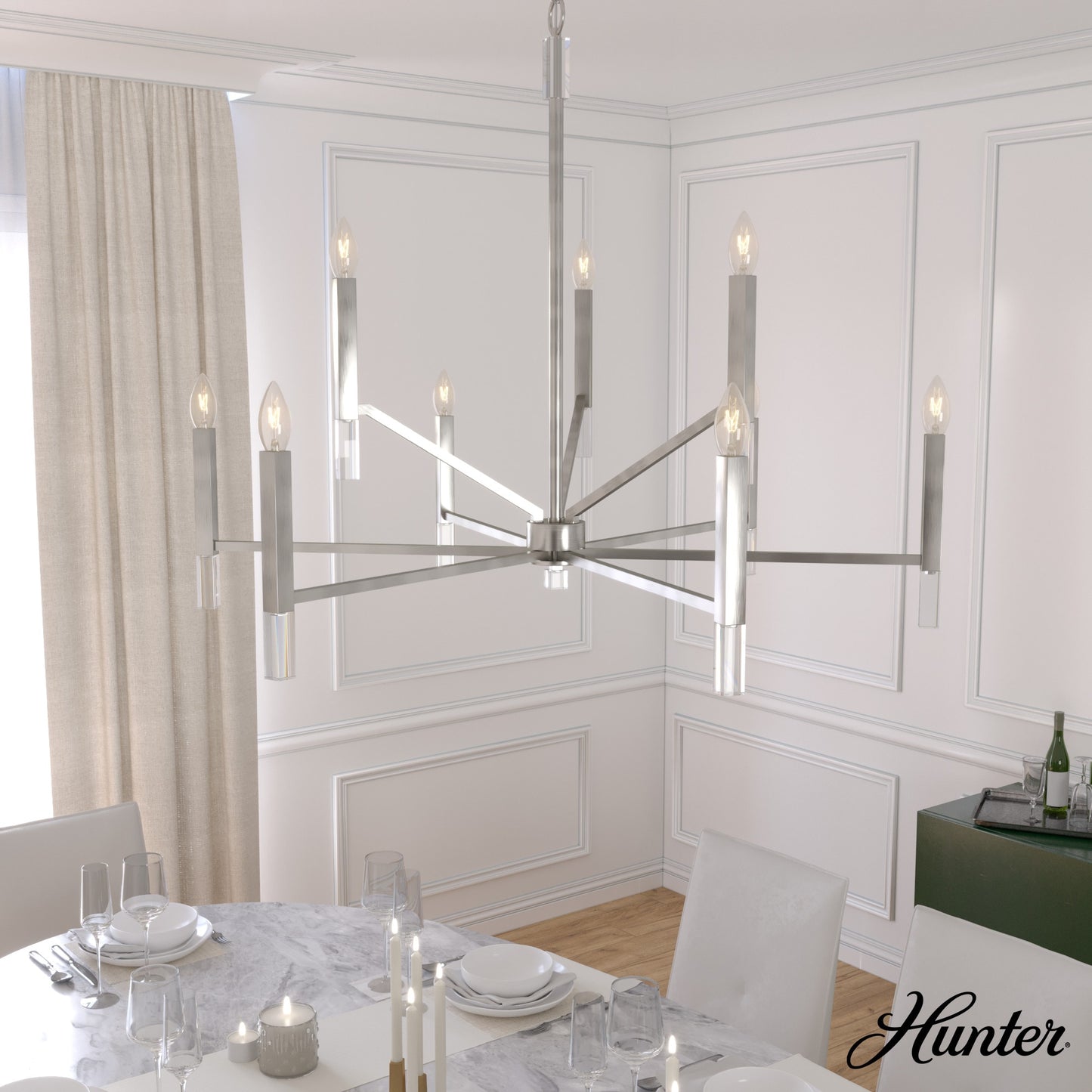 Hunter Sunjai 9 -Light Brushed Nickel Modern/contemporary Bare bulb For Use in Bedrooms, Dining Rooms, Foyers, Kitchens, Living Rooms Chandelier 5228390