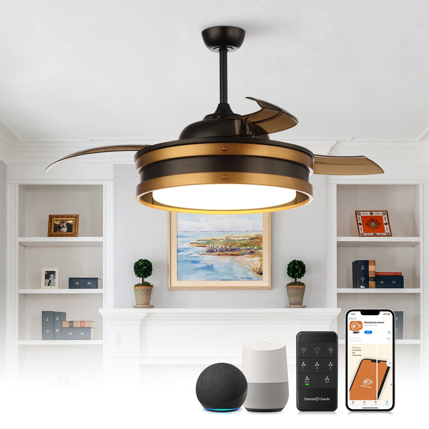 Parrot Uncle 52-in Integrated LED Smart Black with Matte Blades Chandelier Ceiling Fan With Light - Remote Included ( 3 -Blade ) 6309966