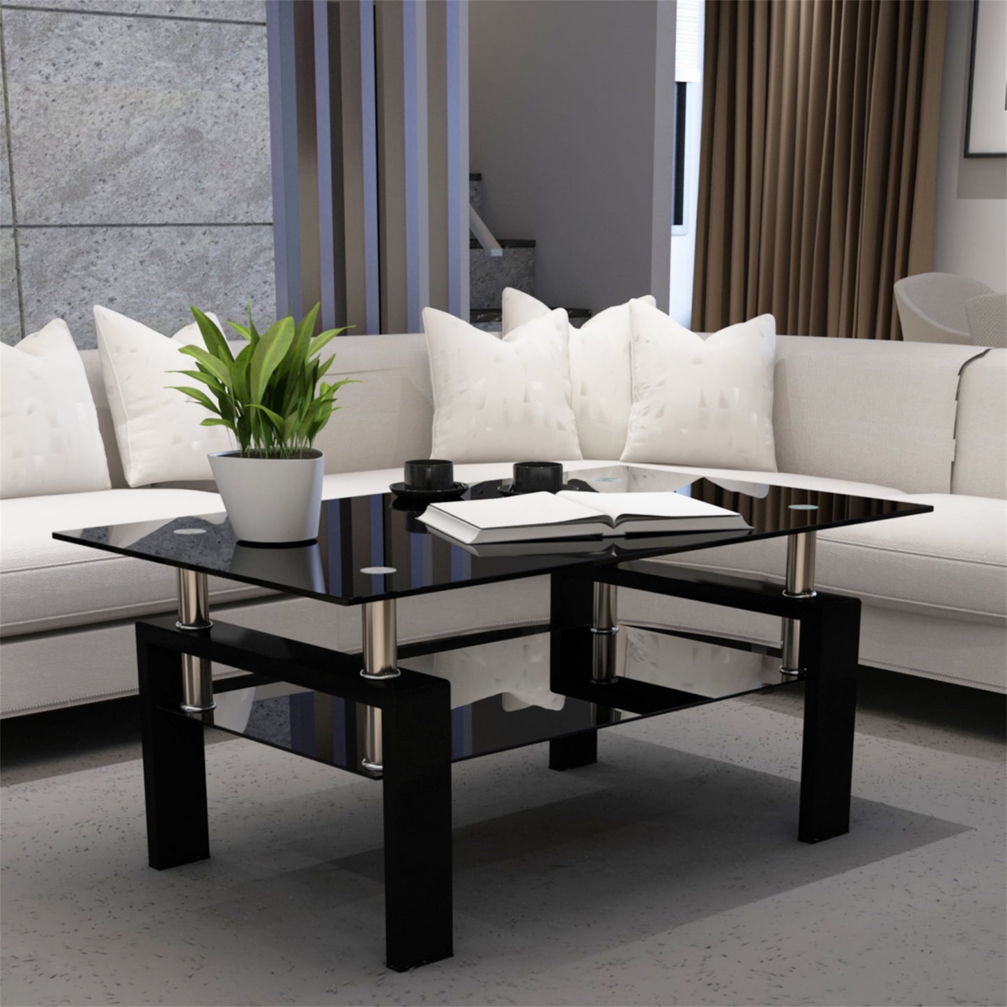 Aukfa Rectangle Tempered Glass Coffee Table Metal Tube Legs End Table for Living Room, Silver