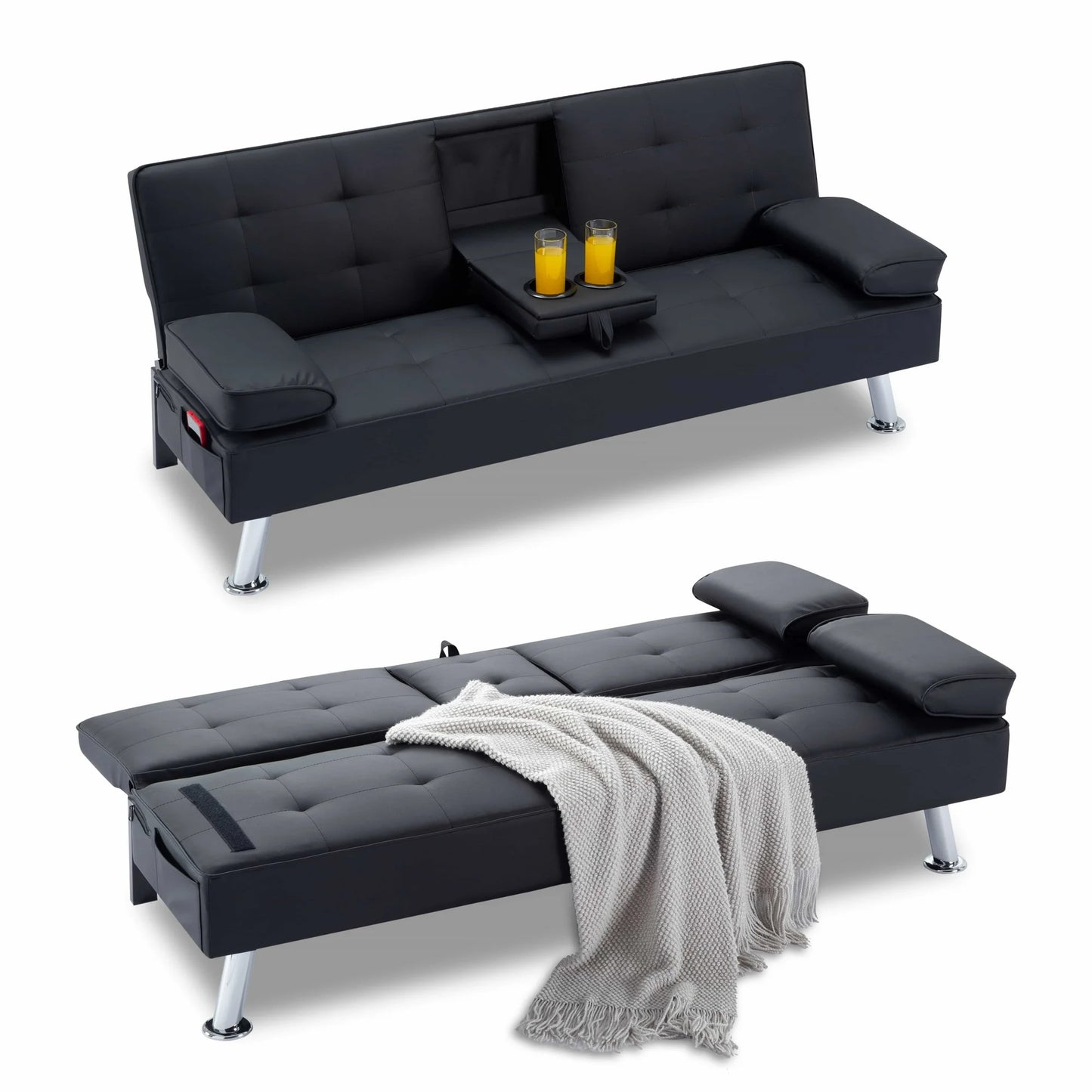 BSHTI Futon Convertible Sleeper Sofa Bed,With 3-Position Adjustable Backrest,Upholstered in PU Fabric,a Side Storage Pocket,Twin-Size Sleeper Sofa,Black