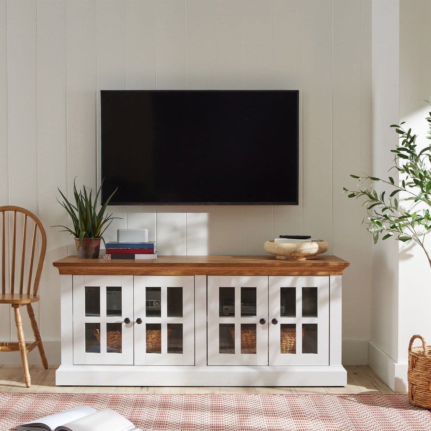 Better Homes & Gardens Canton 4- door TV Stand for TV’s up to 70”, White/Light Honey Finish