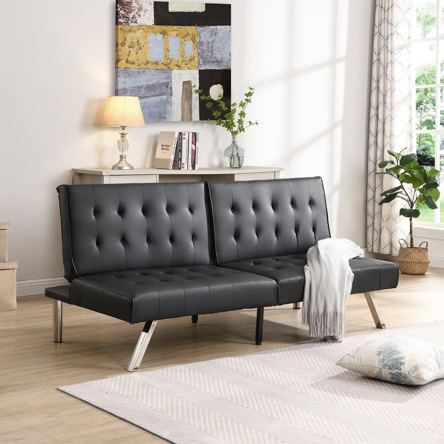 Convertible Sofa Bed Wood Frame Futon with Stainless Leg Sleeper Folding Recliner Living Room Furniture