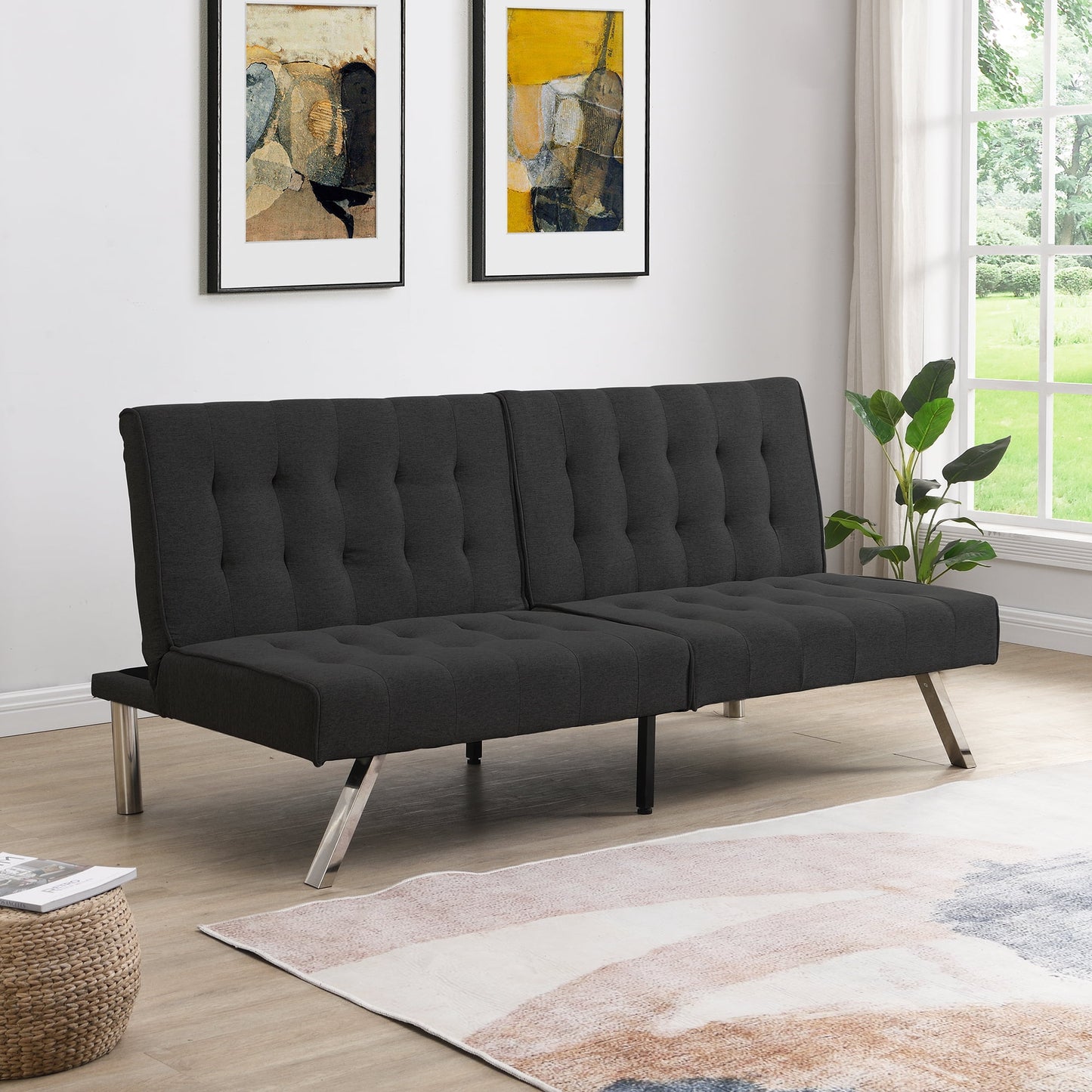 Convertible Sofa Bed Wood Frame Futon with Stainless Leg Sleeper Folding Recliner Living Room Furniture