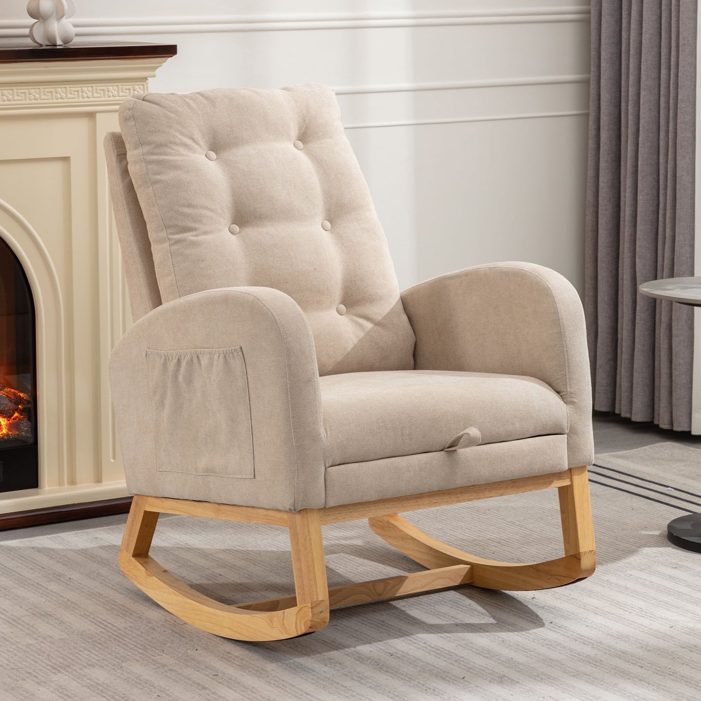 DEALTOPS Rocking Accent Chair with Footrest High Back Rubber Wood Legs for Bedroom Living Space-White