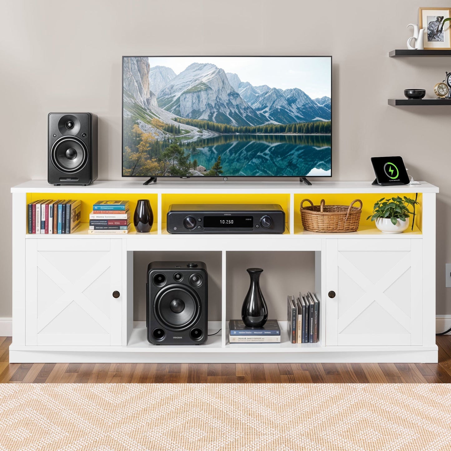 Dextrus 70 Inch White Farmhouse TV Stand Suitable for TVs up to 80 Inches for Living Room