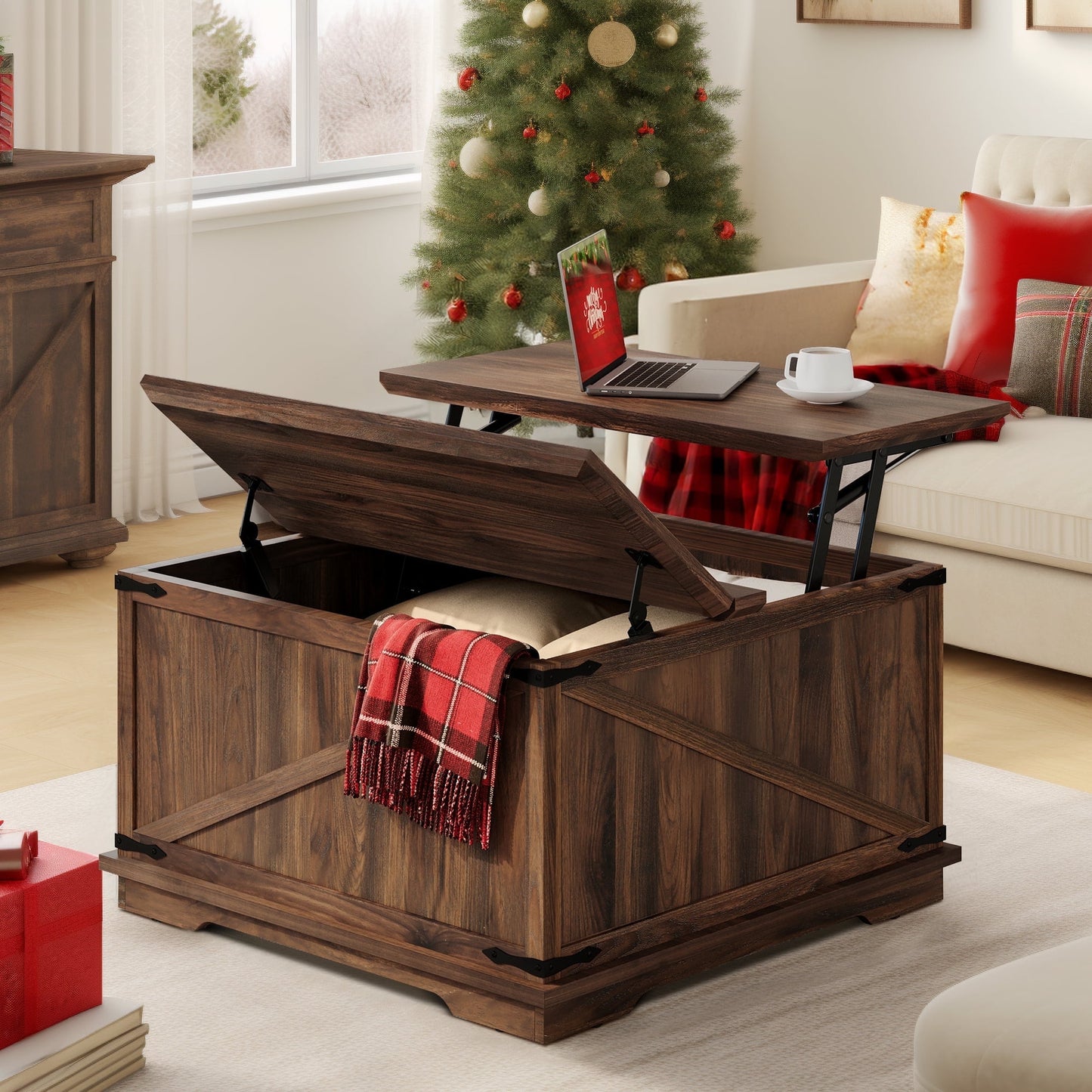Dextrus Farmhouse Square Lift Top Coffee Table with Storage, Wood Center Table for Living Room, Walnut