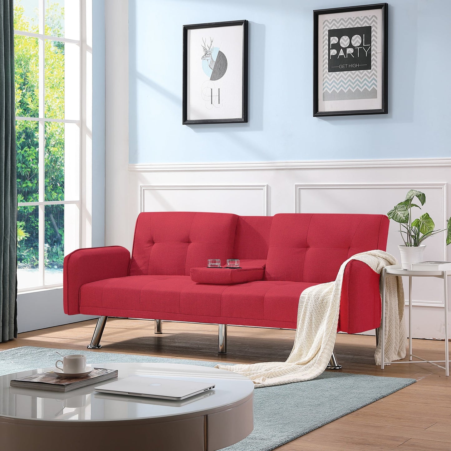 Gewnee 74.4” Futon Sleeper Sofa Bed with 3-Angle Adjustable Backrest, Dark Grey Linen Upholstery, Twin Sleeper with Cup Holders for Home, Office, Guest Room(Red)