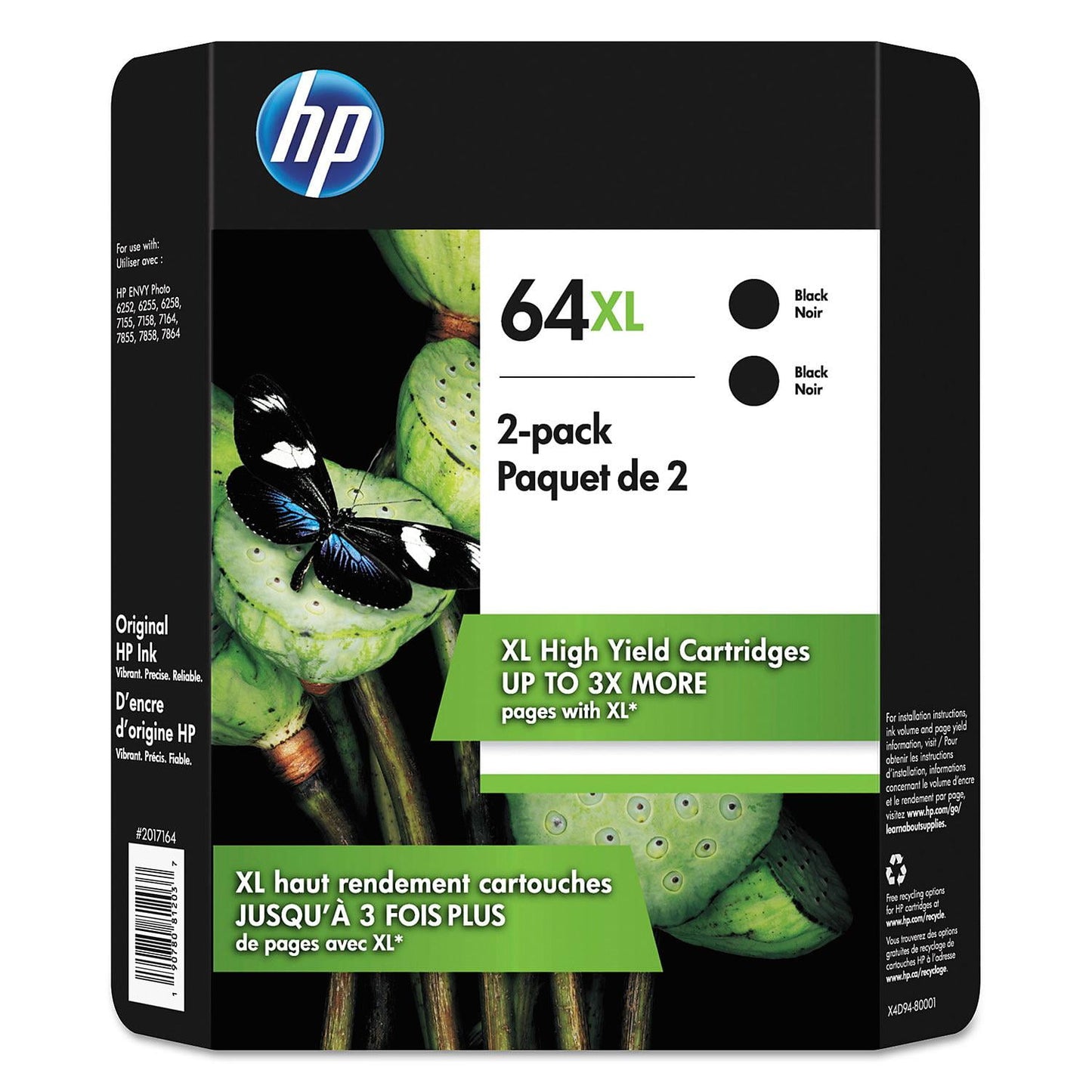 HP 64XL High Yield Original Inkjet Cartridge, Black (2 Pack)