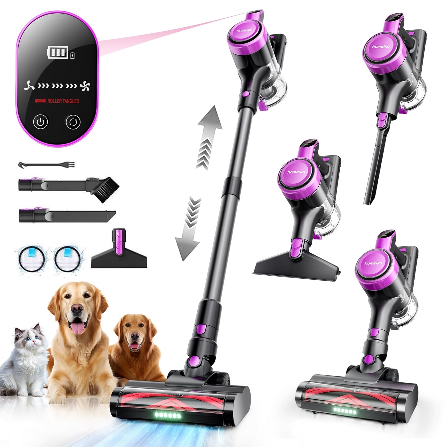 Homeika Cordless Vacuum Cleaner, 300W 23KPa Powerful Suction Vacuum with LED Display, 3 Suction, 48mins Runtime, Lightweight Stick Cleaner with Sofa Brush for Hard Floor/Carpet/Pet Hair/Car, Black