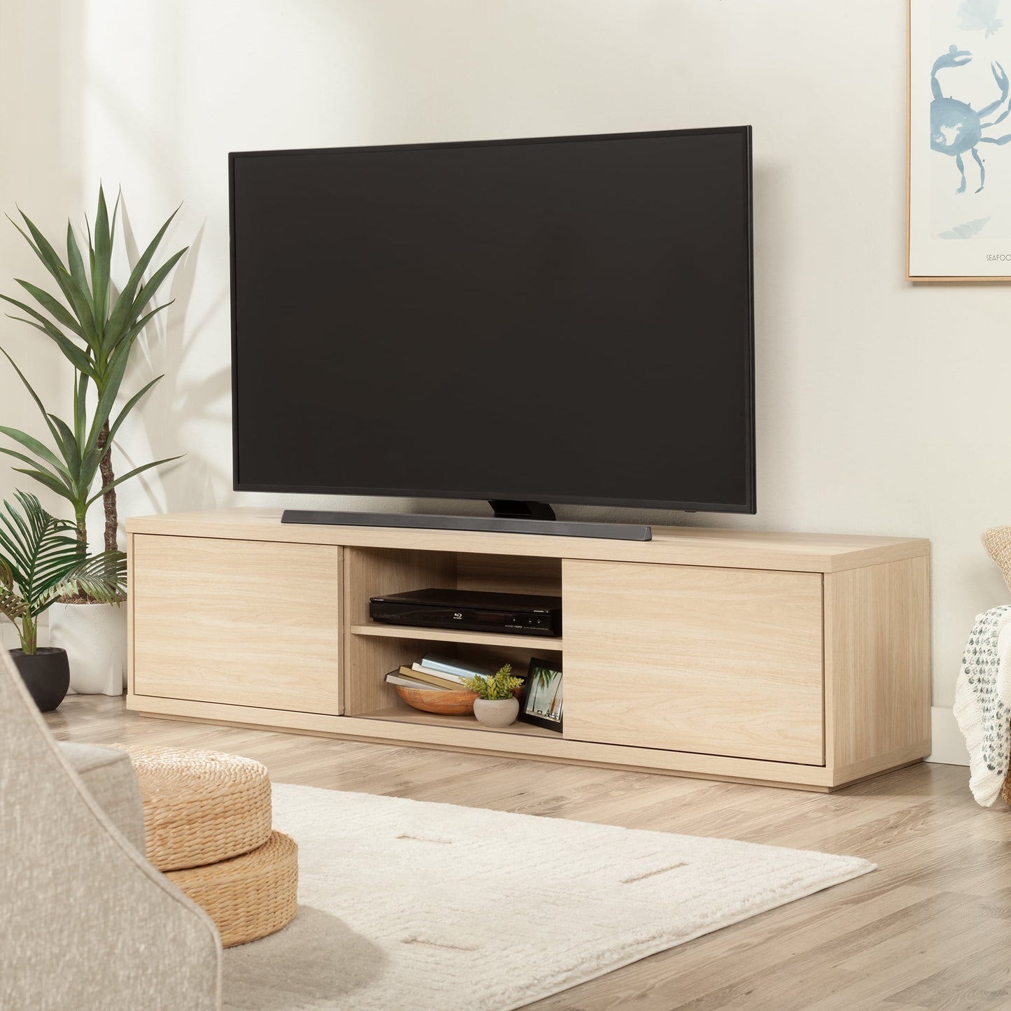 Mainstays Westley Sliding Door TV Stand for TVs up to 75”, Warm Walnut Finish