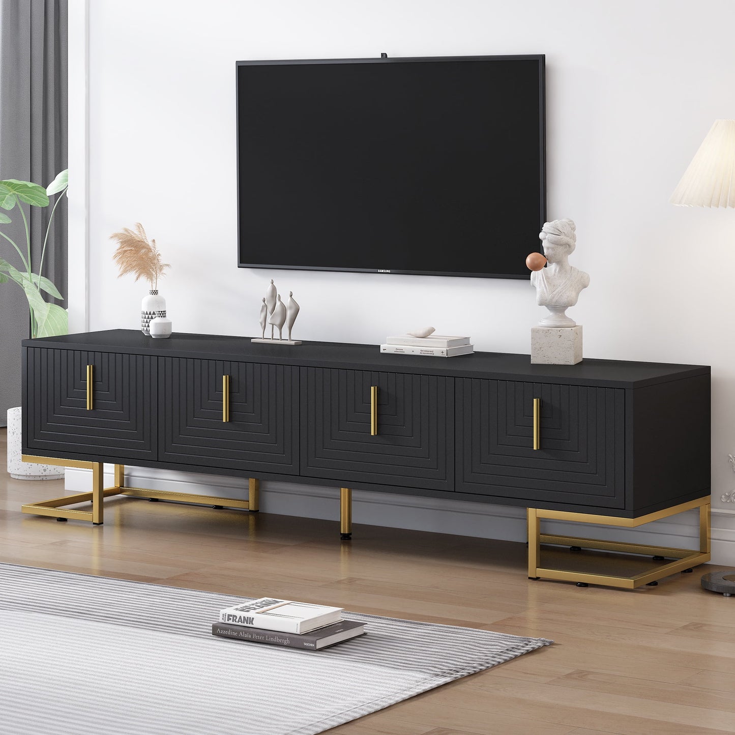 PORKISS TV Stand, Modern TV Console Table with Cabinets for TVs up to 80", Media Console Table with Doors and Shelves, Entertainment Center for Living Room, White/Gold