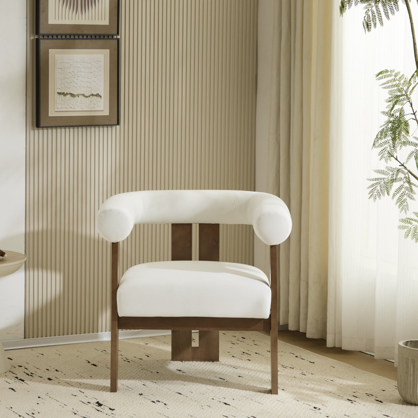 Ralis Modern Upholstered Velvet Accent Arm Chair, Wood, Beige + Walnut