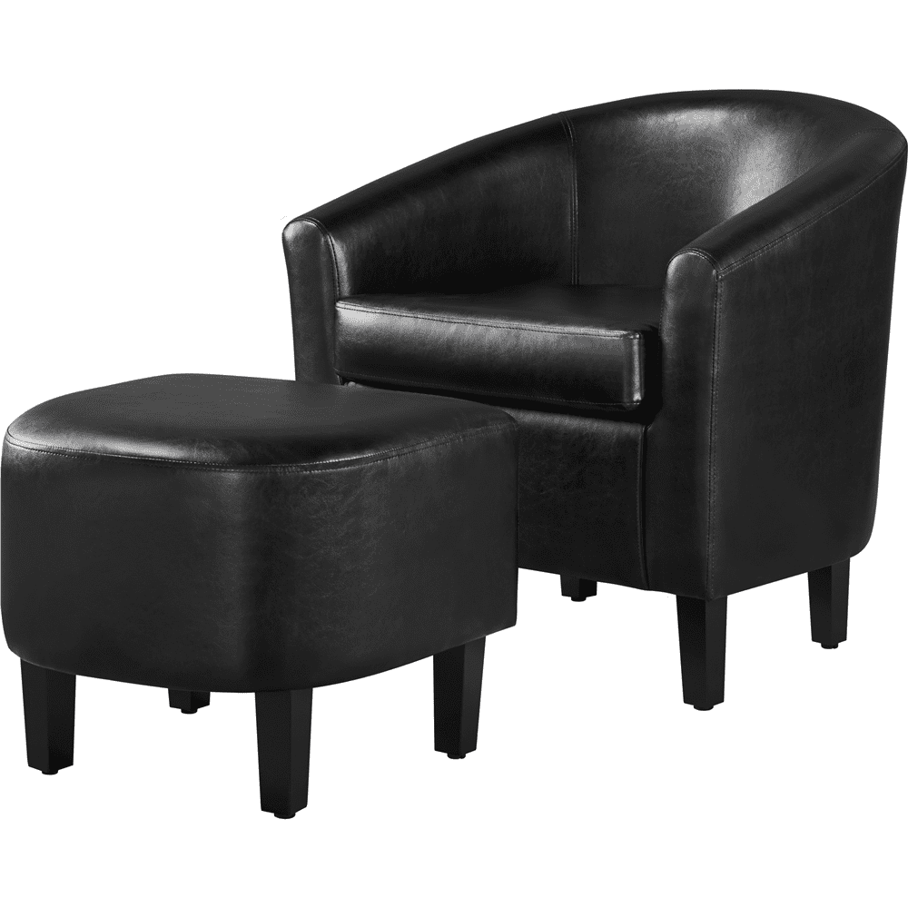Renwick Barrel Accent Chair with Ottoman, Brown Faux Leather