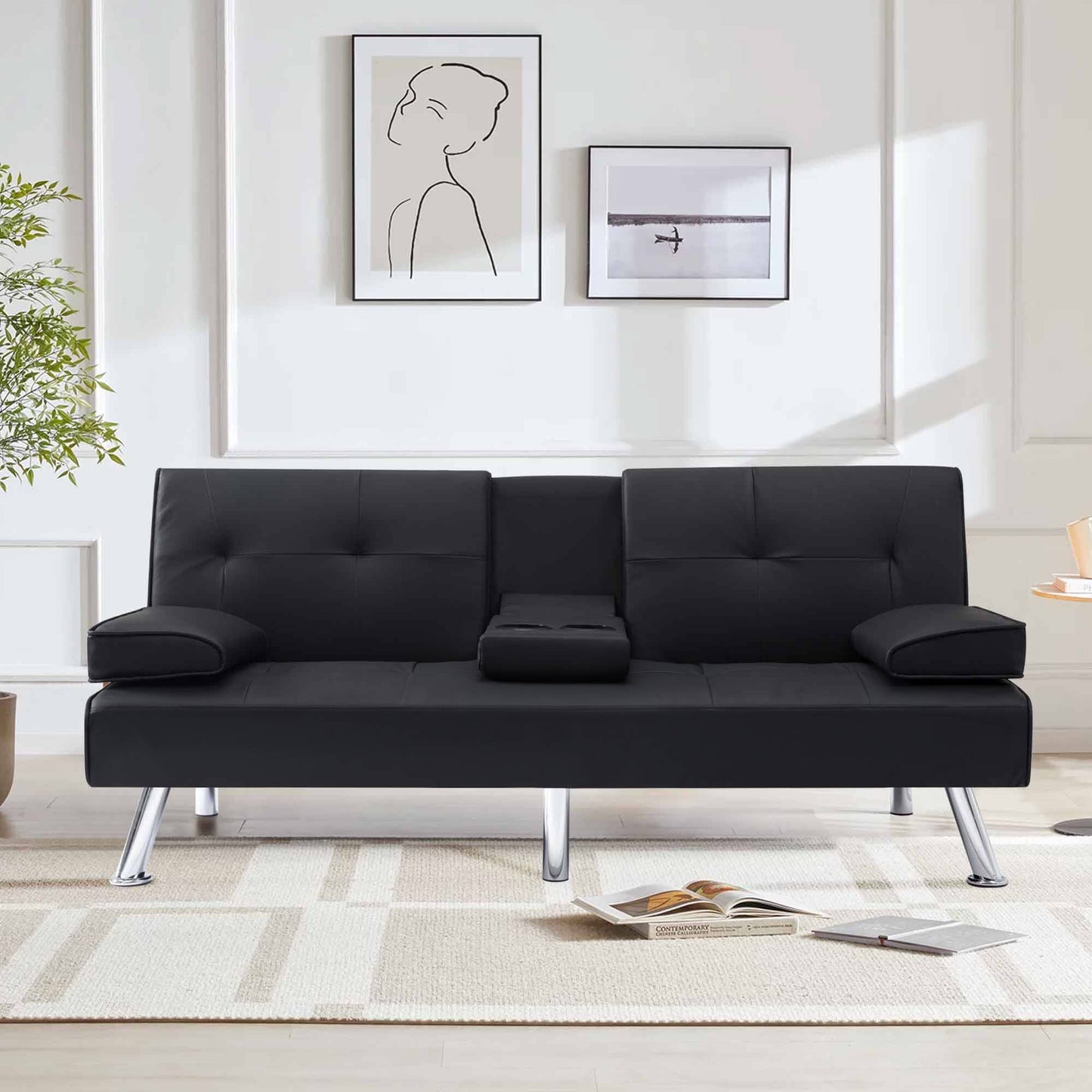 Sofa Bed with Cup Holder Convertible Futon Couches Adjustable Backrest Modern Faux Furniture Upholstery for Living Room