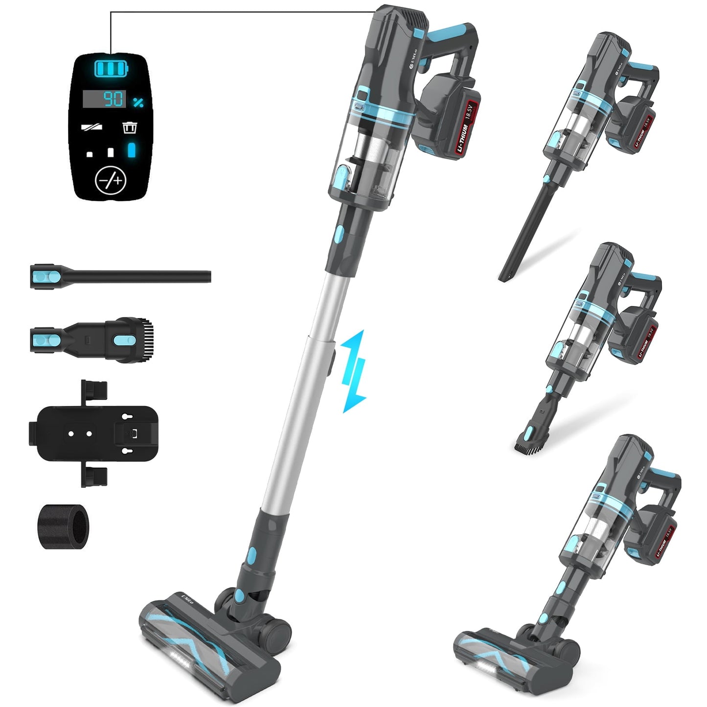 V11 Cordless Vacuum Cleaner, Stick Vacuum with 300W 30Kpa Powerful Suction, 4000mAh Rechargeable Battery Vacuum, Up to 60min Runtime, 6 in 1 LED Lightweight Vacuum for Pet Hair Carpet Hard Floor Grey
