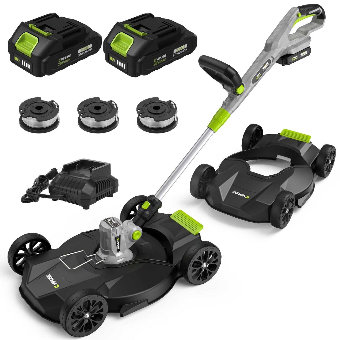 Vipuse 12 Inch 3-in-1 Electric Cordless String Trimmer/Edger/Mower with Two 2.0Ah Batteries and Fast Charger