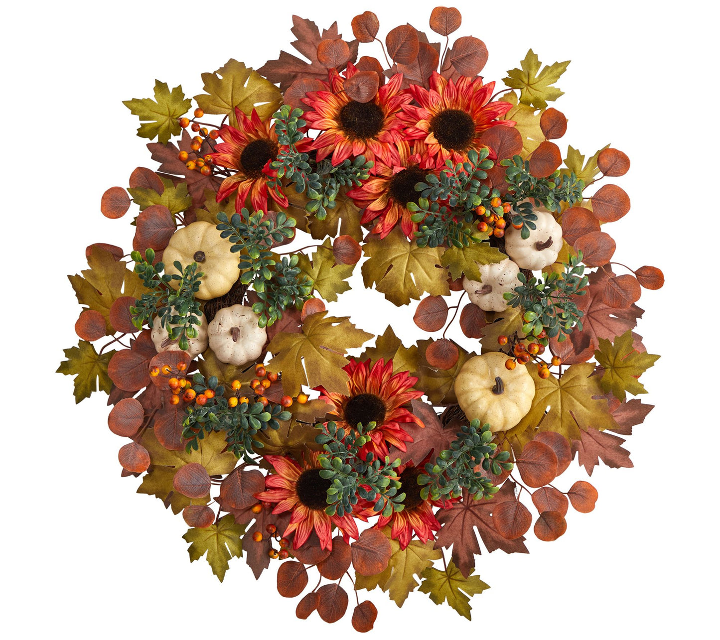 Nearly Natural 30" Sunflower, Pumpkin & Maple L eaf Wreath