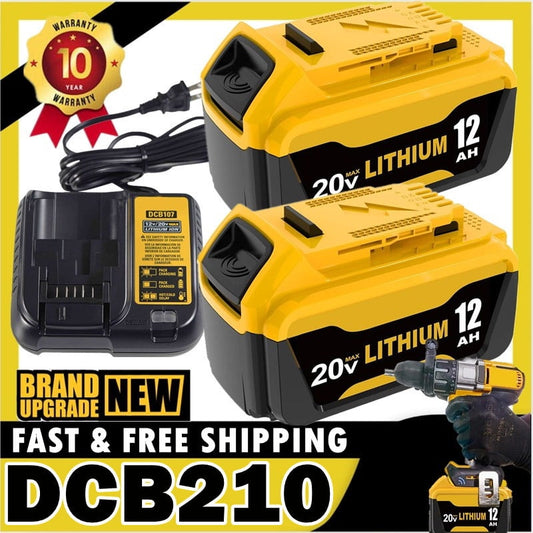 2 Pack 12Ah 20V MAX Lithium Ion Battery and Charger Replacement for Dewalt 20V Max DCB210 DCB206