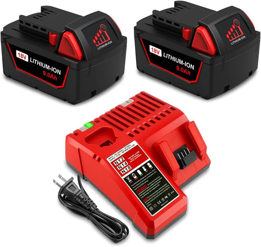 2 Pack 9Ah 48-11-1890 18V High Output Lithium Battery with Charger Kit Replacement for Milwaukee 18V M18 Battery 9.0Ah 8.0Ah 6.0Ah 5.0Ah 4.0Ah 48-11-1880 48-11-1865 48-11-1860 48-11-1862 48-59-1812