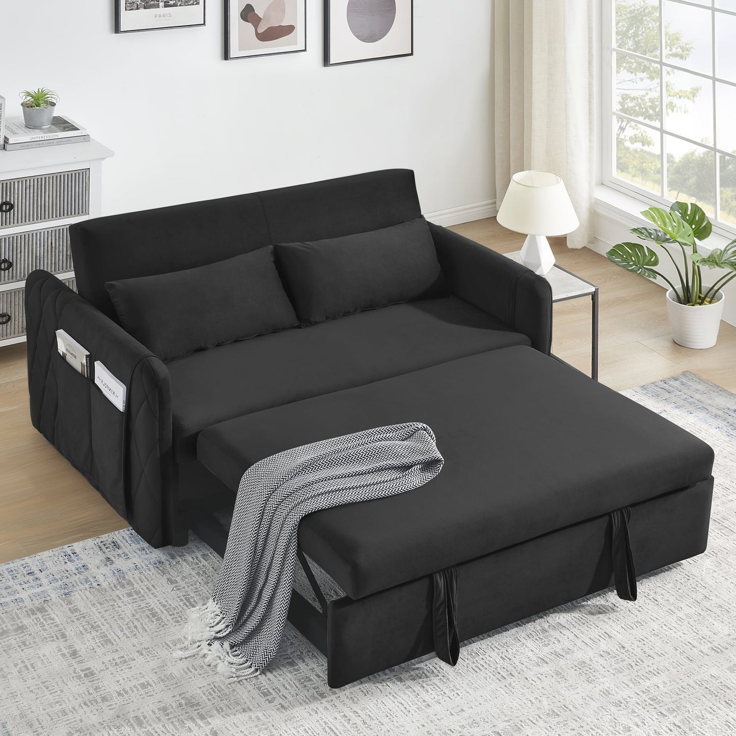 3 in 1 Convertible Sleeper Sofa Bed,55" Modern Velvet Pull Out Sofa Bed with 2 Pillows and 2 Detachable Pockets,Upholstered Loveseat Sofa Couch with Adjustable Backrest for Living Room Office,Blue
