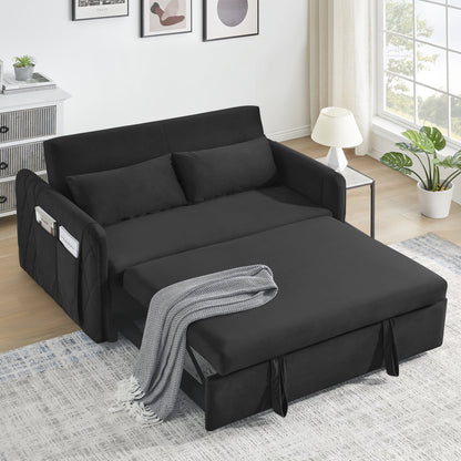 3 in 1 Convertible Sleeper Sofa Bed,55" Modern Velvet Pull Out Sofa Bed with 2 Pillows and 2 Detachable Pockets,Upholstered Loveseat Sofa Couch with Adjustable Backrest for Living Room Office,Blue