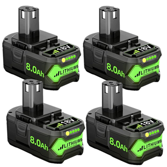 4Pack 8.0Ah 18V Replacement for Ryobi 18V Battery ONE+ Plus Li-ion P108 P102 P103 P104 P105 P107 P109 P122 PBP005 RB18L50 Cordless Power Tools with LED Indicator