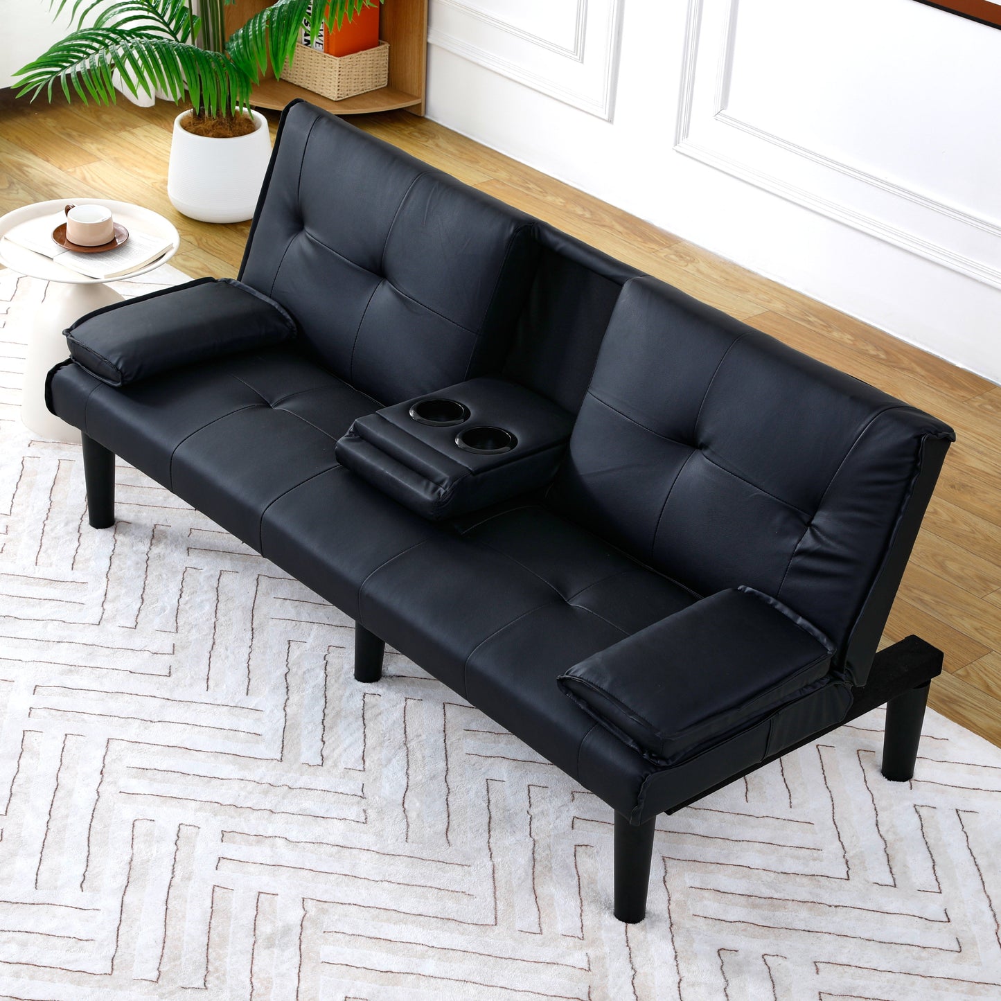 67 inch Futon Sofa Bed Faux Leather Couch Modern Convertible Folding Recliner with 2 Cup Holders for Living Room,Bedroom,Green