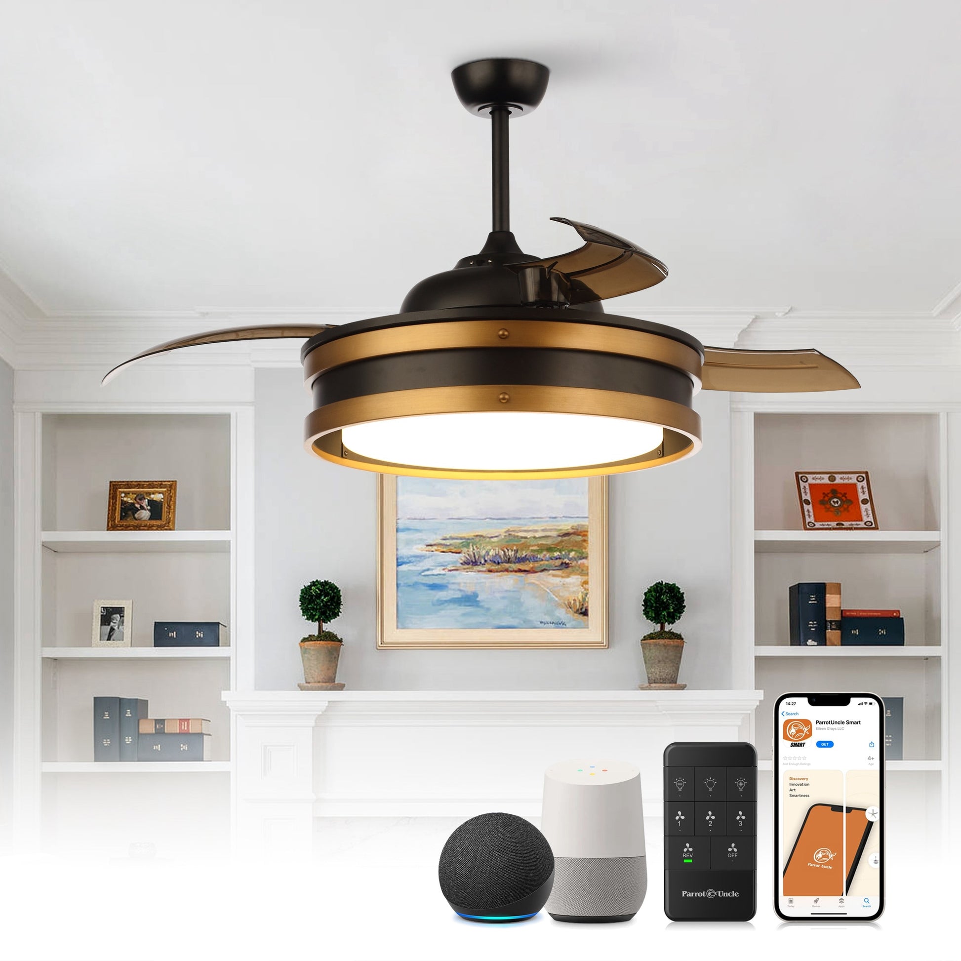 Parrot Uncle 52-in Integrated LED Smart Black with Matte Blades Chandelier Ceiling Fan With Light - Remote Included ( 3 -Blade ) 6309966