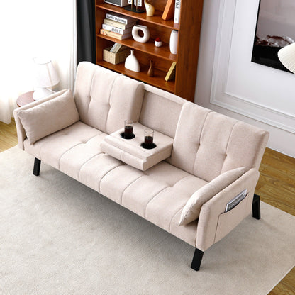 70 inch Futon Sofa Bed Cotton Linen Sofa Couch Convertible Folding Recliner with 2 Cup Holders,Side Storage for Living Room,Yellow