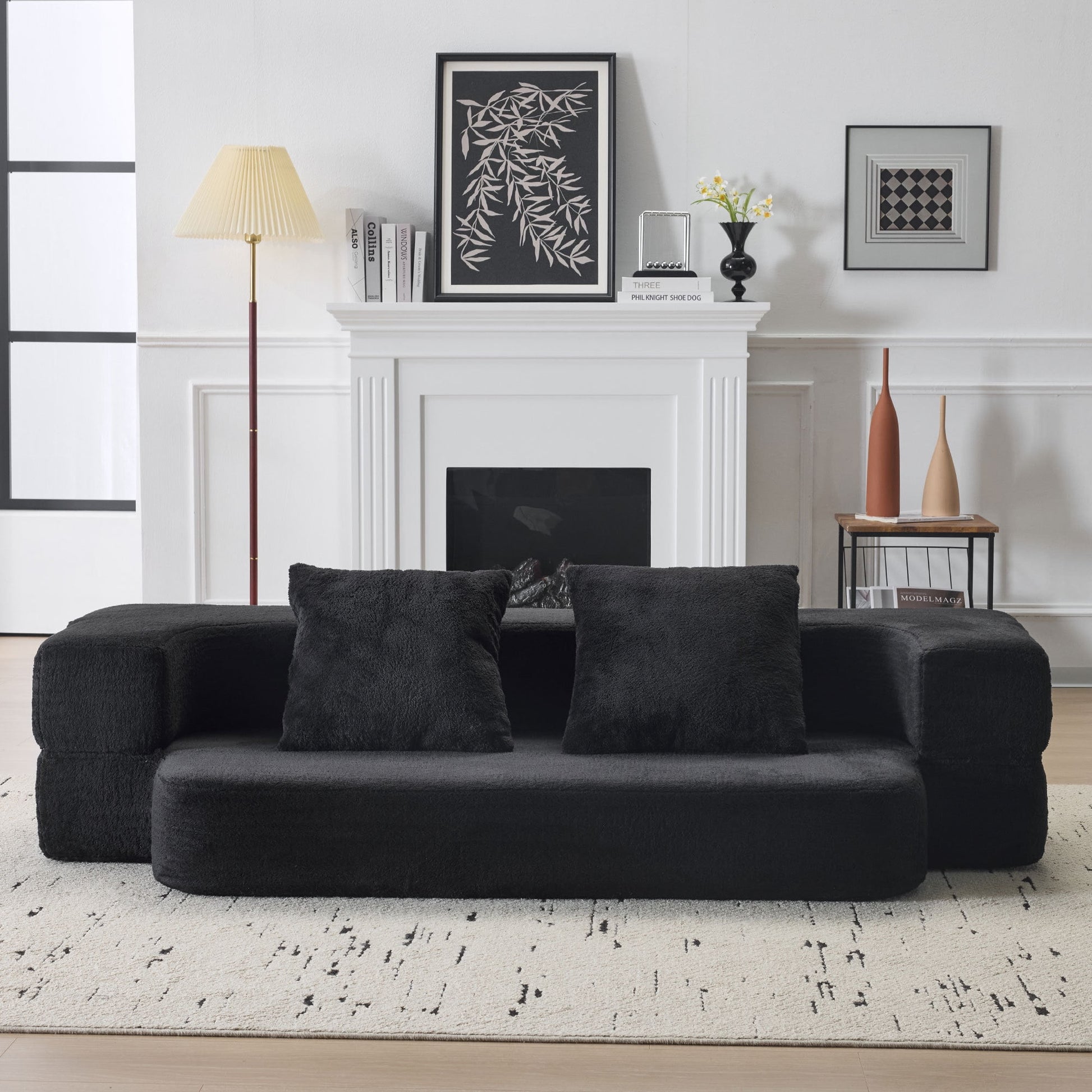 75'' Convertible Futon Sofa Bed, Foldable Mattress Cloud Couch with Pillow Back & Armrest, Faux Fur Floor Couch Lounge Sleeper Bed for Living Room/Bedroom,Black