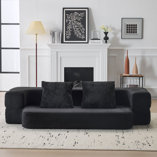 75'' Convertible Futon Sofa Bed, Foldable Mattress Cloud Couch with Pillow Back & Armrest, Faux Fur Floor Couch Lounge Sleeper Bed for Living Room/Bedroom,Black