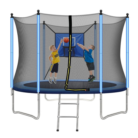 8FT Kids Trampoline, Trampoline Outdoor with Basketball Hoop, Enclosure Net and 2 Steps Ladder, Recreational Trampoline for Indoor, Outdoor and Backyard, Blue