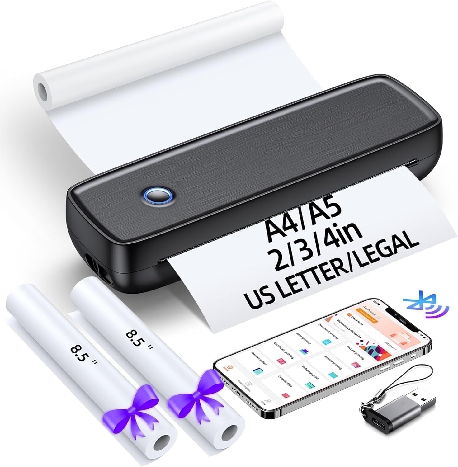 Aixiqee Portable Thermal Printer , Support 8.5" X 11" US Letter, Inkless Printer for A4 Thermal Paper, Compatible with Android iOS & Laptop for Office Car Home, Black