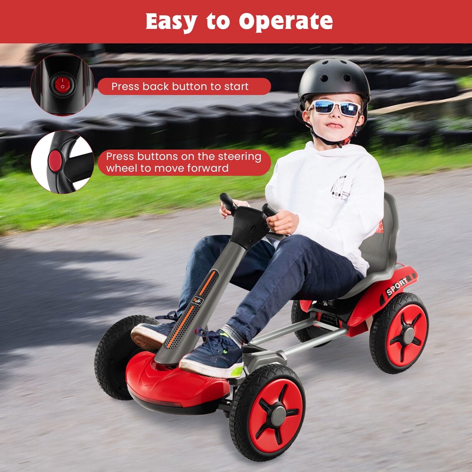 Amijoy 12V battery children's electric kart, foldable foot power four wheel toy car with flashing lights, adjustable steering wheel and seats, suitable for 2-5 years old