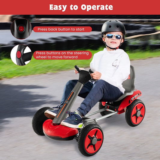Amijoy 12V battery children's electric kart, foldable foot power four wheel toy car with flashing lights, adjustable steering wheel and seats, suitable for 2-5 years old