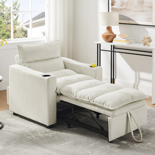 Aukfa Convertible Sleeper Chair Bed, 3-in-1 Pull Out Sofa Chair with Cup Holders & Thick Pad, Velvet Futon for Small Spaces, Beige