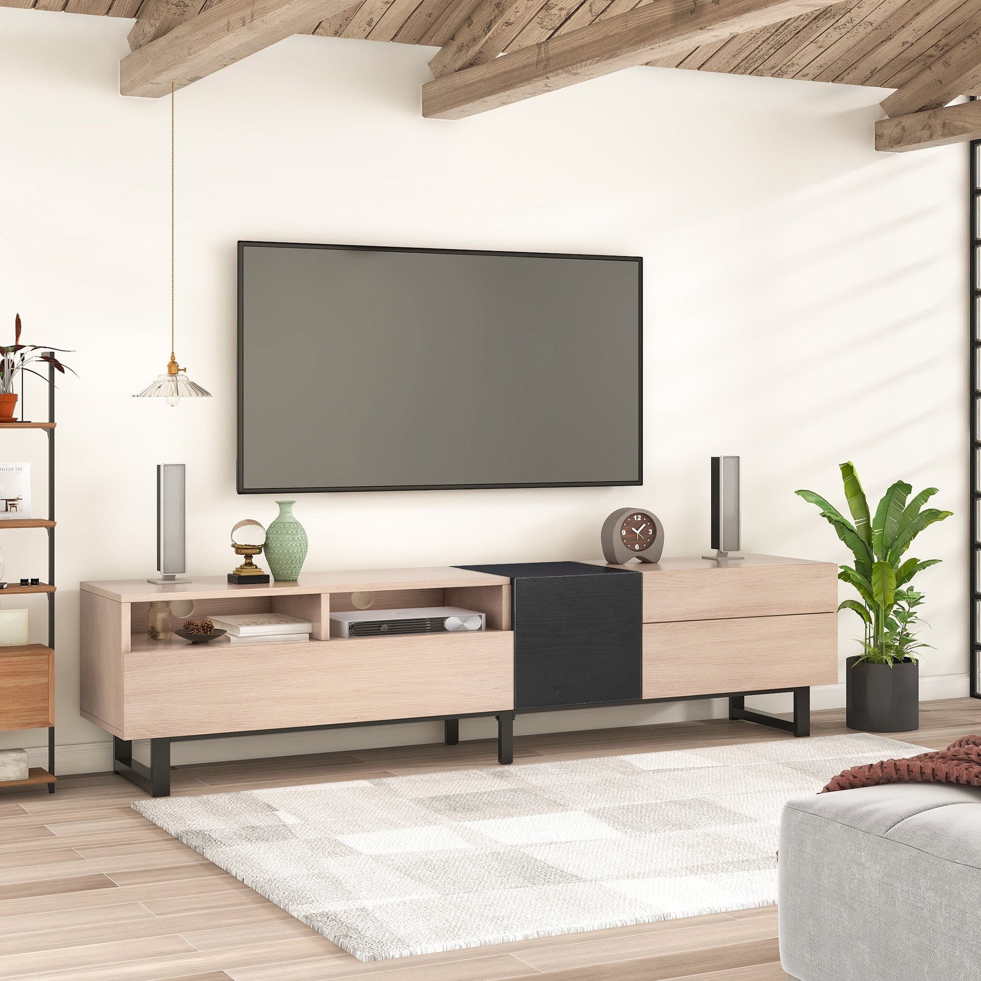 Aukfa Modern TV Stand for 80'' TV, Media Console Table with Drop Down Door for Living Room, Bedroom - Brown
