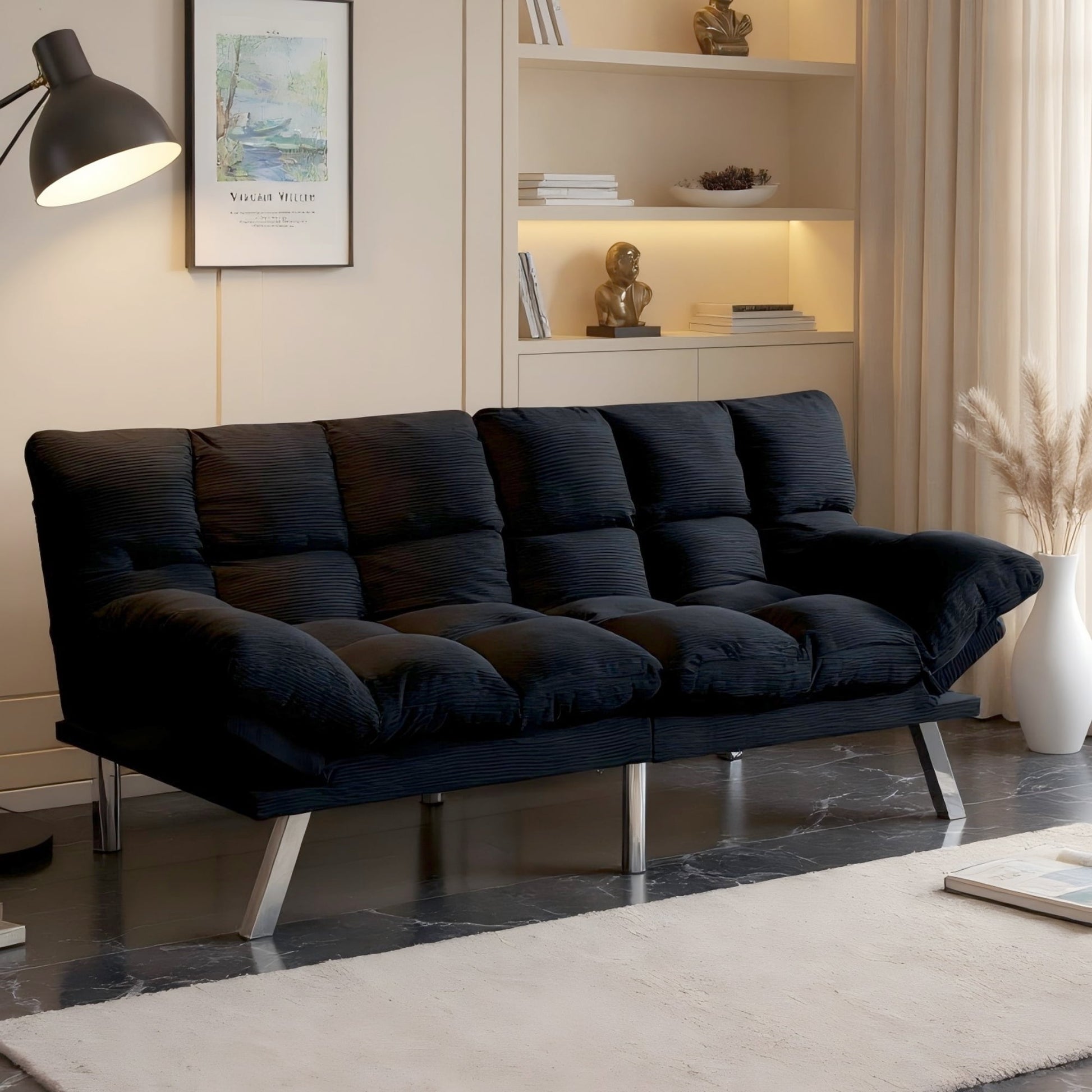 BSHTI 67.3" Multi-Functional Futon Sofa Bed, Corduroy Twin Size convertible Sleeper Sofa, With 3-Position Adjustable Backrest & Armrests, Split-Back, Pitch Black