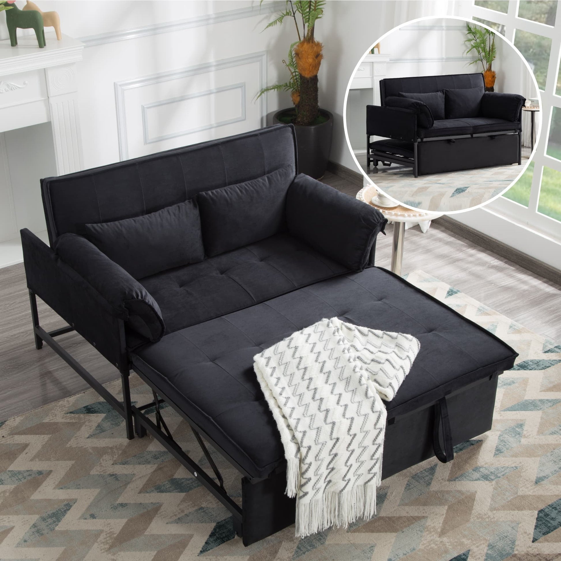 BSHTI Fold out Sleeper Sofa Bed,Durable Metal Frame,Velvet Upholstery,Conversion Sofa With 5 Adjustable Reclining Positions,Movable Arm Cushion Twin Bed,Black