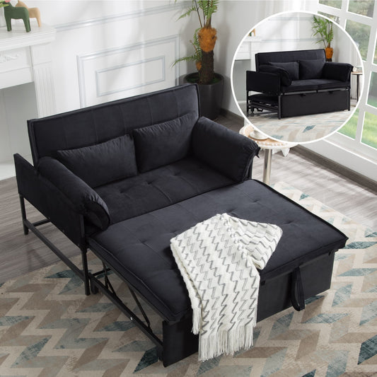 BSHTI Fold out Sleeper Sofa Bed,Durable Metal Frame,Velvet Upholstery,Conversion Sofa With 5 Adjustable Reclining Positions,Movable Arm Cushion Twin Bed,Black