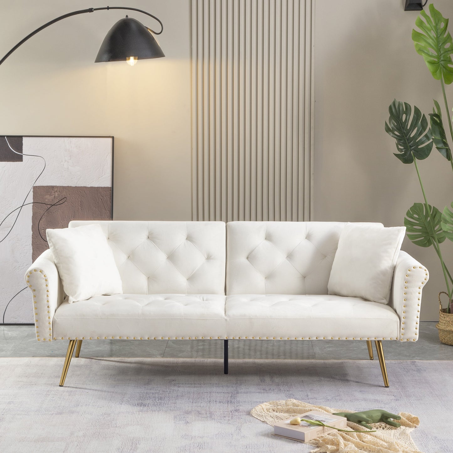 Convertible Futon Sofa Bed,Velvet Upholstered Nailhead Loveseat Sofa with Two Pillows,Modern Sleeper Couch Bed for Living Room,Bedroom,Green