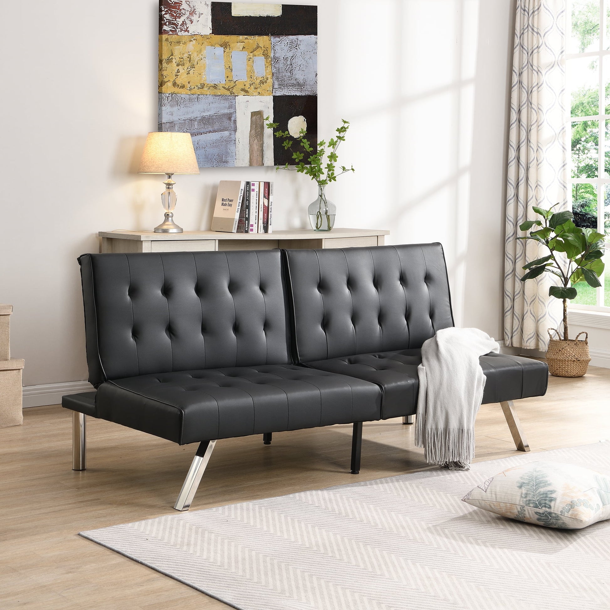 Convertible Sofa Bed Wood Frame Futon with Stainless Leg Sleeper Folding Recliner Living Room Furniture