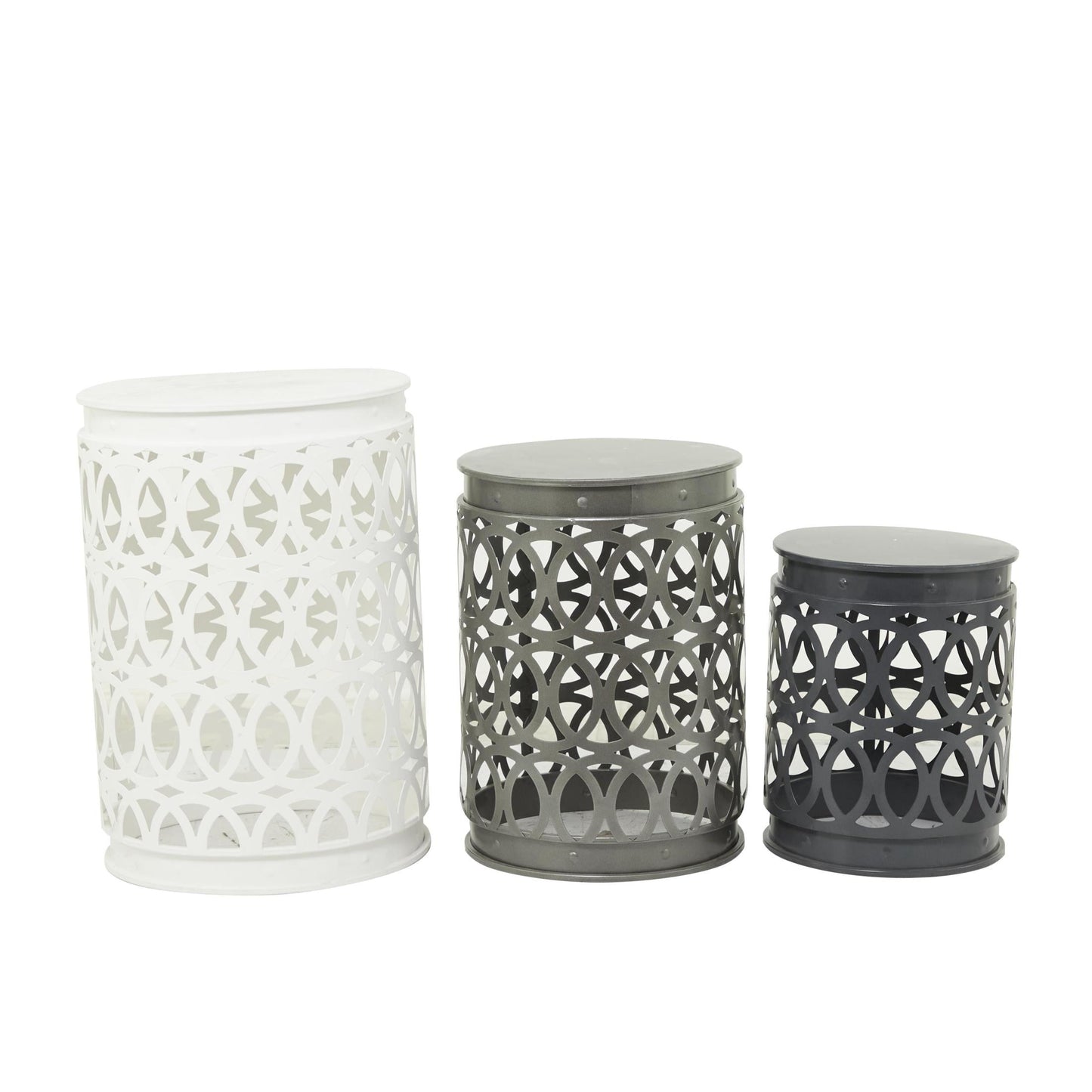 DecMode 16" x 23" Gray Metal Indoor Outdoor Nesting Geometric Accent Table with Cutout Circle Pattern, 3-Pieces