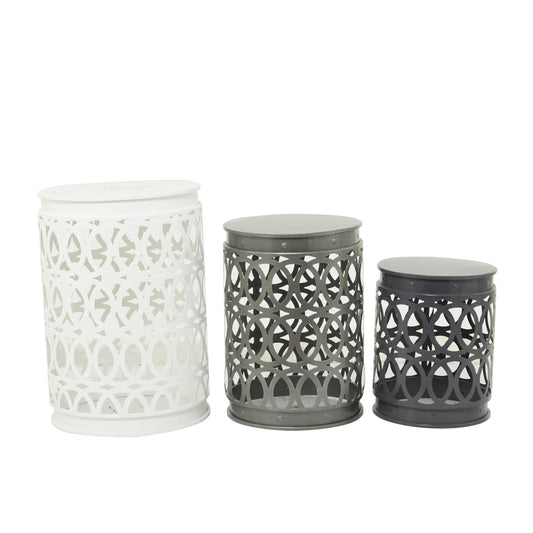 DecMode 16" x 23" Gray Metal Indoor Outdoor Nesting Geometric Accent Table with Cutout Circle Pattern, 3-Pieces