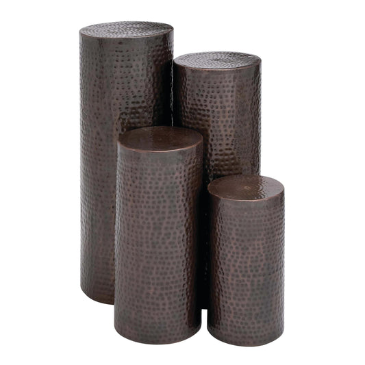 DecMode 36", 32", 24", 18"H Brown Metal Pillar Style Pedestal Table with Hammered Design, 4-Pieces
