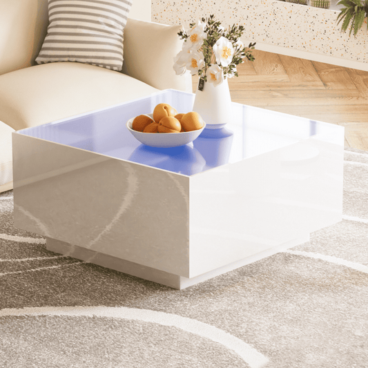 EUROCO 27.5" LED Coffee Table for Living Room, High Glossy Center Table with Frosted Tempered Glass Top,Unique 16 Colors LED Lights Wood Coffee Tables, White