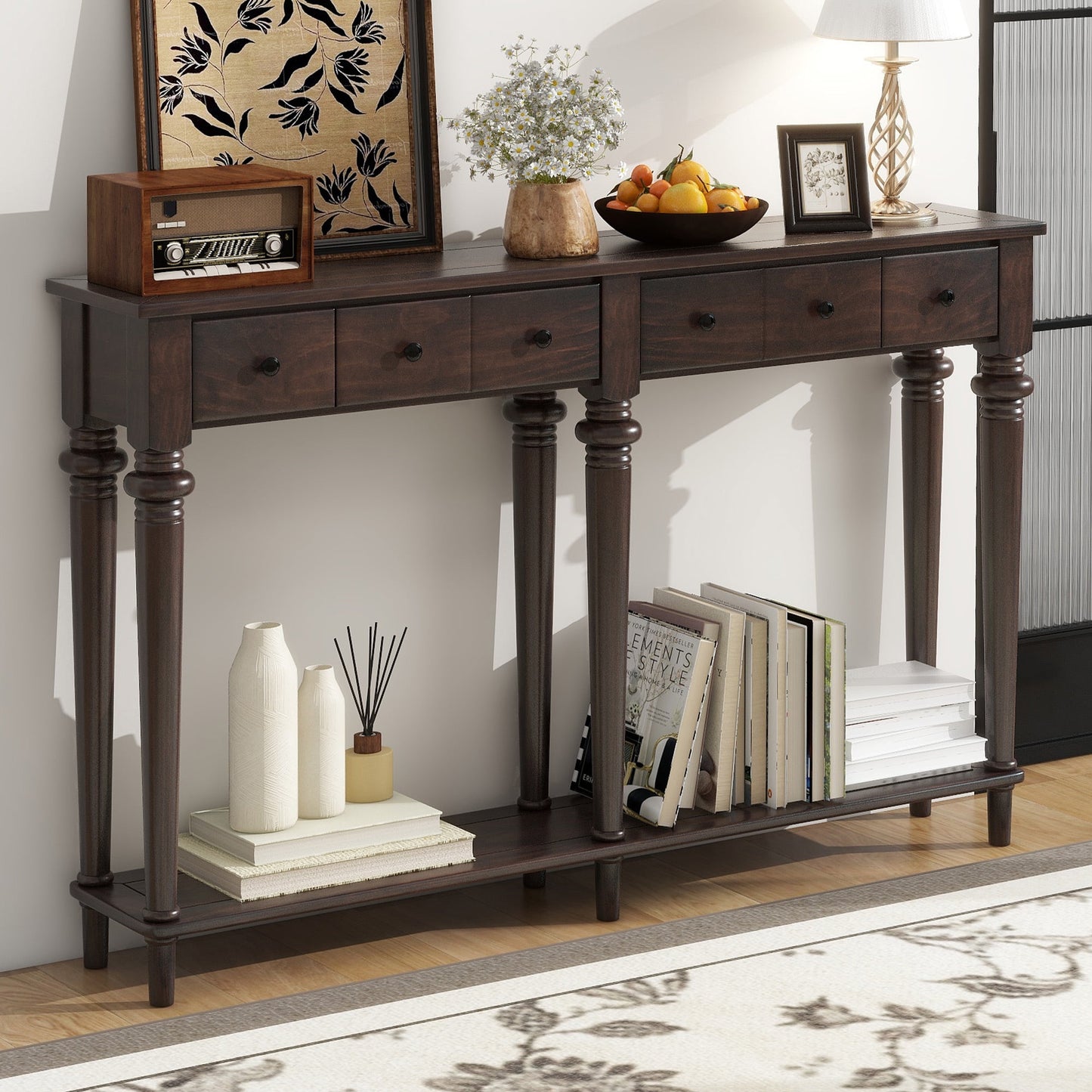 EUROCO 59.8" Solid Wood Console Table,Retro Long Sofa Table Entryway Table with 4 Drawers and Bottom Shelf for Hallway Living Room,Espresso