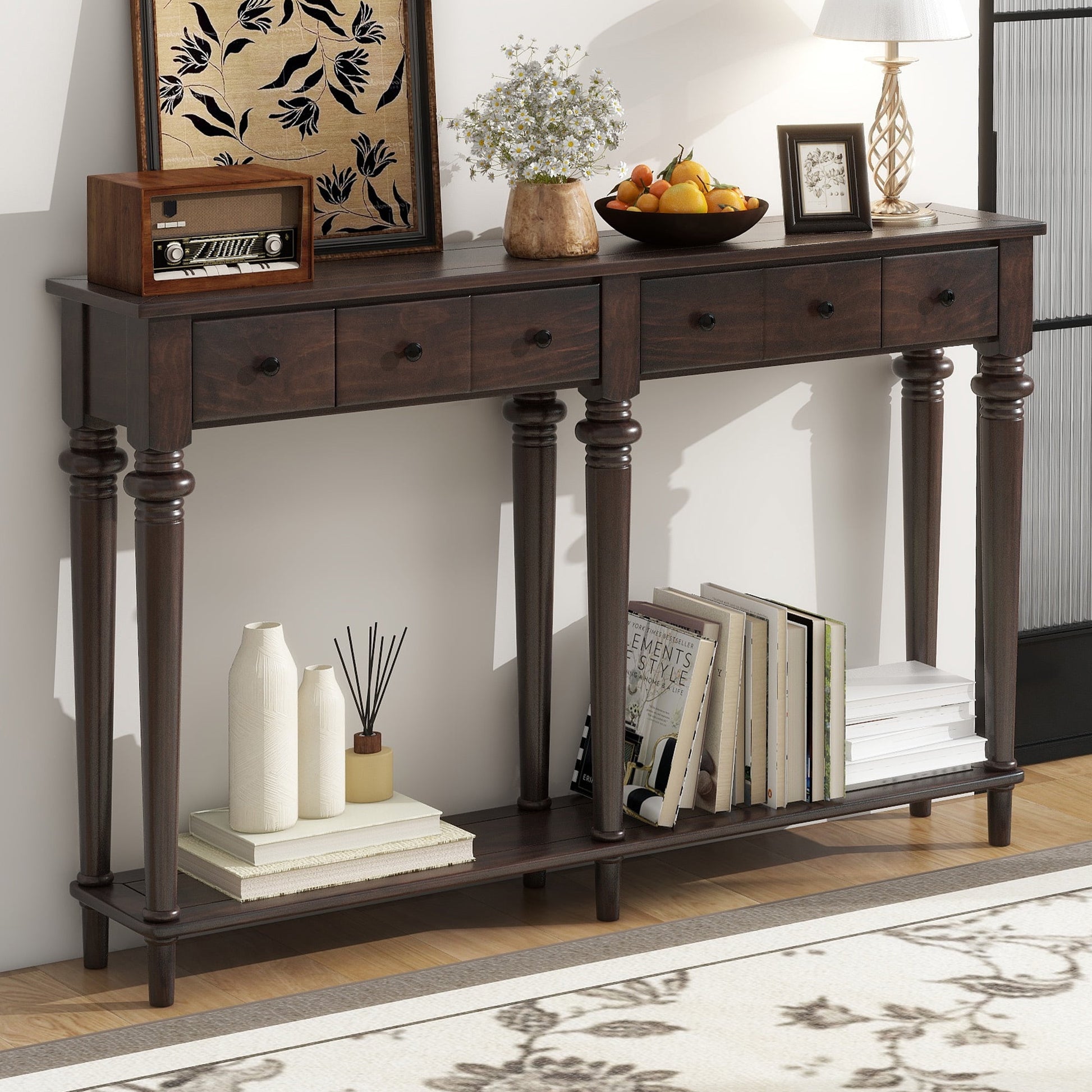 EUROCO 59.8" Solid Wood Console Table,Retro Long Sofa Table Entryway Table with 4 Drawers and Bottom Shelf for Hallway Living Room,Espresso