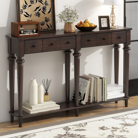 EUROCO 59.8" Solid Wood Console Table,Retro Long Sofa Table Entryway Table with 4 Drawers and Bottom Shelf for Hallway Living Room,Espresso