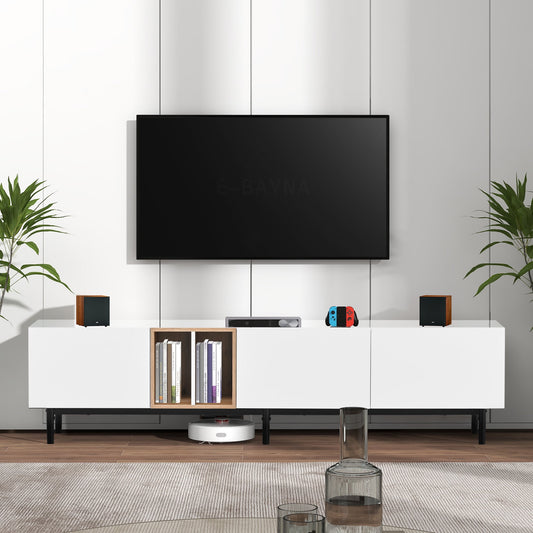 EUROCO Mid-Century Modern TV Stand Up to 80" Contemporary Rectangle ,Unique Style TV Console Table with 3 Doors & Large Storage Cabinet for Living Room Bedroom